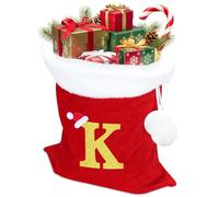 Santa Sack, Personalised Letter Embroidery Christmas Santa Sack, Extra Large Velvet Santa Bag for Storing, Holiday Presents, Stocking Stuffers, Traditional Red and White (K)