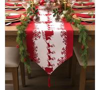 Santa Sleigh Christmas Table Runner 33×180 cm - Festive Santa & Reindeer Flying Design - Classic Red & White Xmas Dining Table Decoration for Home, Kitchen & Holiday Parties