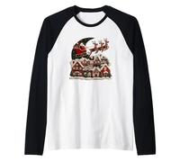 Santa Sleigh Over Red Village Holiday Design Raglan Baseball Tee