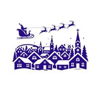 Santa Sleigh Over Snowy Village Christmas Silhouette Engraving Decals 50.4x75.7cm Waterproof DarkBlue