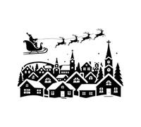 Santa Sleigh Over Snowy Village Christmas Silhouette Engraving Stickers 57.6x86.6cm Do not Damage The Wall Surface Black