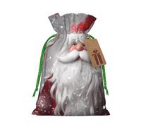 Santa Snow Printed Christmas Drawstring Bags Reusable Xmas Bag for Party Xmas Gift Wrapping, Green Ribbon, S