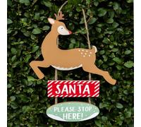 Santa Stop Here Hanging Wooden Sign Featuring Rudolph the Reindeer | Reusable Christmas Decorations For Kids | Made by Talking Tables | Add some Xmas cheer to your home |30cm tall