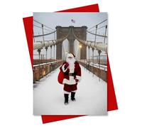 "Santa Walking on Brooklyn Bridge" New York City Holiday Greeting Card - 5x7 Inch, Blank Inside, Premium Card Stock with Eco-Friendly Envelope, Frame-Ready, Made in USA