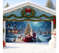 Santa Winter Garage Door Cover, Festive Holiday Scene with Reindeer and Snow, Indoor and Outdoor Christmas Decorations, Winter Wonderland Decor 157x71 Inch
