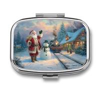 Santa with Snowman Christmas Train Pill Box 2 Compartment Portable Medicine Pill Case Travel Pill Organizer for Pocket Purse