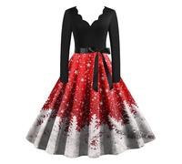 Santa's 1950s Fancy Dress Womens Vintage A Line Retro Long Sleeve Flared Swing Dresses - High Waist Midi Dress with Belt & Pleats - Perfect for Cocktail, Wedding Guest, Party Occasions