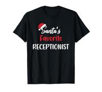 Santas Favorite Receptionist Designs Unisex Adult Christmas Funny Gift Pajama T-Shirt, Black, S, Short Sleeve, V-Neck, Classic Fit, Polyester 100%