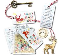 Santa's Magic Key + ECO Magical Reindeer Food Bag + Wooden Charm + Wooden Santa Lost Button Set, Biodegradable, Wildlife Friendly! Handmade (White with Silver Pattern)