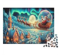 Santa's Night Flight Cardboard Santa on Sleigh with Reindeer over Village Premium Jigsaw Puzzle Boredom Buster Home Decor 52x38cm/1000pcs
