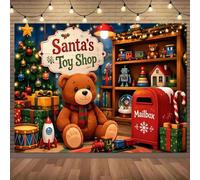 Santa's Toy Shop Christmas Backdrop Kids Xmas Toy Bear Decor Banner，7 * 5FT | Christmas Photography Backdrop Toy Train Bear Gift Mailbox Rocket Xmas Tree Winter Holiday Party Decorations Supplies