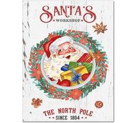 Santa's Workshop The North Pole Metal Signs Christmas Wreath Nut Candy Bell Wall Decor Classic Holy Night Hanging Art Decoration for Bedroom Living Room Workplace Home 8"x12"