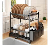 Santentre 2-Tier Dish Drainers with Removable Utensil Holder, Over Sink Draining Board Rack for Space Saver, Dish Drying Rack for Kitchen Counter, Rust Resistant Carbon Steel Dish Rack, Black