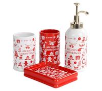 Santentre Christmas Bathroom Set 4 Pieces - Soap Dispenser, Toothbrush Holder, Mug, Soap Dish, Ceramic Bathroom Accessory Set, Colour Contrast Decorative Soap Dispenser Set, Merry Christmas