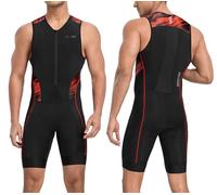 Santic Men's Triathlon Suit Sleeveless Skinsuit Padded Quick-Dry Swim Bike Run with Pockets,Black/red,M