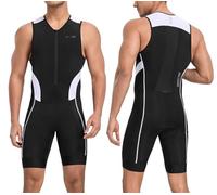 Santic Men's Triathlon Suit Sleeveless Skinsuit Padded Quick-Dry Swim Bike Run with Pockets,Black/White,XL