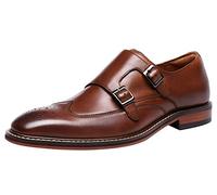Santimon Brogue Mens Leather Double Monk Strap Classic Wingtip Formal Wedding Casual Dress Slip On Loafers Brown 7 UK