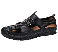 Santimon Men Leather Sandals Breathable Closed-Toe Outdoor Sport Non-Slip Hiking Summer Beach Casual Fisherman Velcro Shoes Black 12 UK