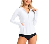SANTINY Women's Rash Guard UPF50+ SPF UV Protection Long Sleeve Swimsuit Top with Pockets Zip Front Swim Shirts Woman, A White, Medium