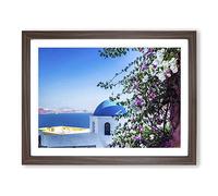 Santorini Blue Domed Church Greece 2 Modern Framed Print | A2 Walnut Framed Wall Art | Ready to Hang | Modern Religious Picture | Living Room Bedroom Lounge Office