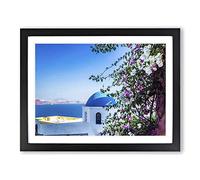 Santorini Blue Domed Church Greece 2 Modern Framed Print | A4 Black Framed Wall Art | Ready to Hang | Modern Religious Picture | Living Room Bedroom Lounge Office
