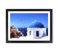 Santorini Blue Domed Church in Abstract Framed Print | A2 Black Framed Wall Art | Ready to Hang | Abstract Religious Picture | Living Room Bedroom Lounge Office