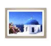 Santorini Blue Domed Church in Abstract Framed Print | A2 Oak Framed Wall Art | Ready to Hang | Abstract Religious Picture | Living Room Bedroom Lounge Office