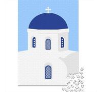 Santorini Church Minimalist Illustration 1000 Piece Jigsaw Puzzle, Global Monument Landscape, Thick Cardboard Pieces, Decorative Artwork for Travel Lovers, Travel Gift, 52x38cm/1000pcs