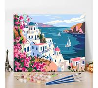 Santorini Coast Paint by Number Kits, Seashore Landscape Paint by Numbers DIY Paint by Numbers Kit for Adults, White Houses Paint by Number on Canvas Paint for Home Decor 16x20inch Without Frame