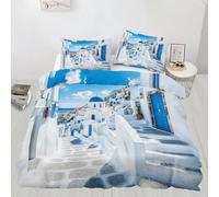 Santorini Duvet Cover King Size,Blue and White Architecture Bedding Set for Kids Teens Couple Adults Room Decor,Mediterranean Style Comforter Cover 2 Pillowcase,No Comforter