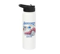Santorini Greece Blue Domes Pink Flowers Souvenir Stainless Steel Insulated Water Bottle
