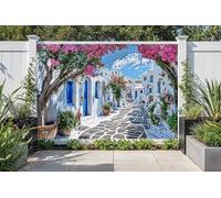 Santorini Greece Garden Mural, Mediterranean Wall Art, Waterproof Mural Outdoor Wall Hanging, Garden Curtain & Outdoor Tapestry for Fence Decoration and Patio Wall Decor (W300cm x H180cm)