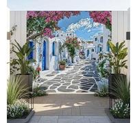 Santorini Greece Garden Mural, Mediterranean Wall Art, Waterproof Mural Outdoor Wall Hanging, Garden Curtain & Outdoor Tapestry for Fence Decoration and Patio Wall Decor (W180cm x H180cm)