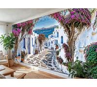 Santorini Greece Garden Mural, Mediterranean Wall Art, Waterproof Mural Outdoor Wall Hanging, Garden Curtain & Outdoor Tapestry for Fence Decoration and Patio Wall Decor (W400cm x H180cm)