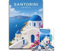 Santorini Greece Minimalist Travel Poster Jigsaw Puzzle, 1000 Piece | For relaxed holiday time: Adult jigsaw puzzle with 1000 pieces turns winter downtime into puzzle time.