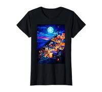 Santorini Greece Night Greek Theme Abstract Art Value Graphic T-Shirt, Women, Black, M