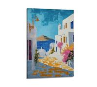 Santorini Greece Oil Painted White Wall Blue Window Flower Coast Landscape Decorative Painting Canvas Wall Posters And Modern Family Bedroom Decor 08x12inch(20x30cm)