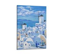 Santorini Greece Oil Painted White Wall Windmill Coast Landscape Decorative Painting Canvas Wall Posters And Modern Family Bedroom Decor 12x18inch(30x45cm)