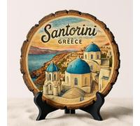 Santorini Greece Souvenir Gift - Wood Slice Plaque for Wall or Table, Vintage Dome Church Cliffside Scene for Tourists, Plate Collectors & Travel Lovers, Aegean Decorative Gift