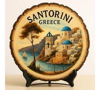 Santorini Greece Souvenir Gift - Wood Slice Plaque for Wall or Table, Vintage Island Cliffside Scene for Tourists, Plate Collectors & Travel Lovers, Aegean Decorative Gift