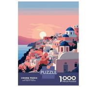 Santorini Greece Sunset Travel Puzzle 1000 Pieces, Romantic City Break Scene, Interlocking Paper Pieces, Family Night Game for Home Décor Fans, 38x26cm/1000pcs