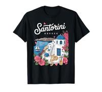 Santorini Greece Vacation Art Cat Flowers Souvenir T-Shirt