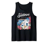 Santorini Greece Vacation Art Cat Flowers Souvenir Tank Top