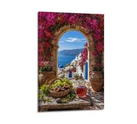 Santorinï Greece Wall Art, Hanging Paintings Poster, Mediterranean Coastal View with Bougainvillea Flowers, Blue White Buildings And Ocean, Decor for Living Room, Bedroom, Travel Lover Home 12x18inch(