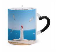 Santorini Greek Island Landscape Morphing Mugs Cold Heat Sensitive Color Changing Cup Novelty Coffee Cups Funny Magic Mug Heart Handle Ceramic Coffee Mugs Exquisite Tea Cup for Festival Gift