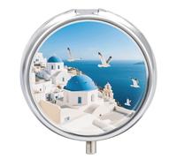 Santorini Greek Island Medicine Pill Case 3 Compartment Portable Decorative Medicine Organizer for Pocket or Wallet, Vitamin Organizer