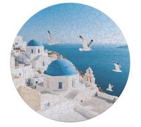 Santorini Greek Island Personalized Jigsaw Puzzles, 195Pcs Custom Wooden Jigsaw Puzzle Round Puzzle Gift Adult
