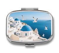 Santorini Greek Island Pill Box 2 Compartment Medicine Pill Case Portable Pill Organizer for Pocket Or Purse Decorative Metal Medicine Vitamin Organizer