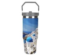 Santorini Greek Island Sea View 30 Oz Tumbler with Straw, Insulated Stainless Steel Travel Mug with Handle Design Double-Wall Vacuum Coffee Cup, Leak-Proof Lid, Keeps Drinks Hot/Cold for Hours