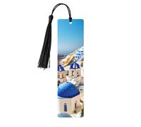 Santorini Greek Island Sea View 5 Pc Artistic Bookmark Set for Women, Tassel Wooden Bookmarks Study Supplies